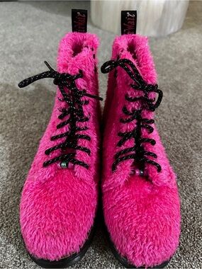 Dr. Martens Kids Hot Pink Faux-Fur Lace-Up Boots